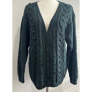 Liz Baker V-Neck  Cardigan Sweater Womens L Green Chunky Knit Fisherman Core
